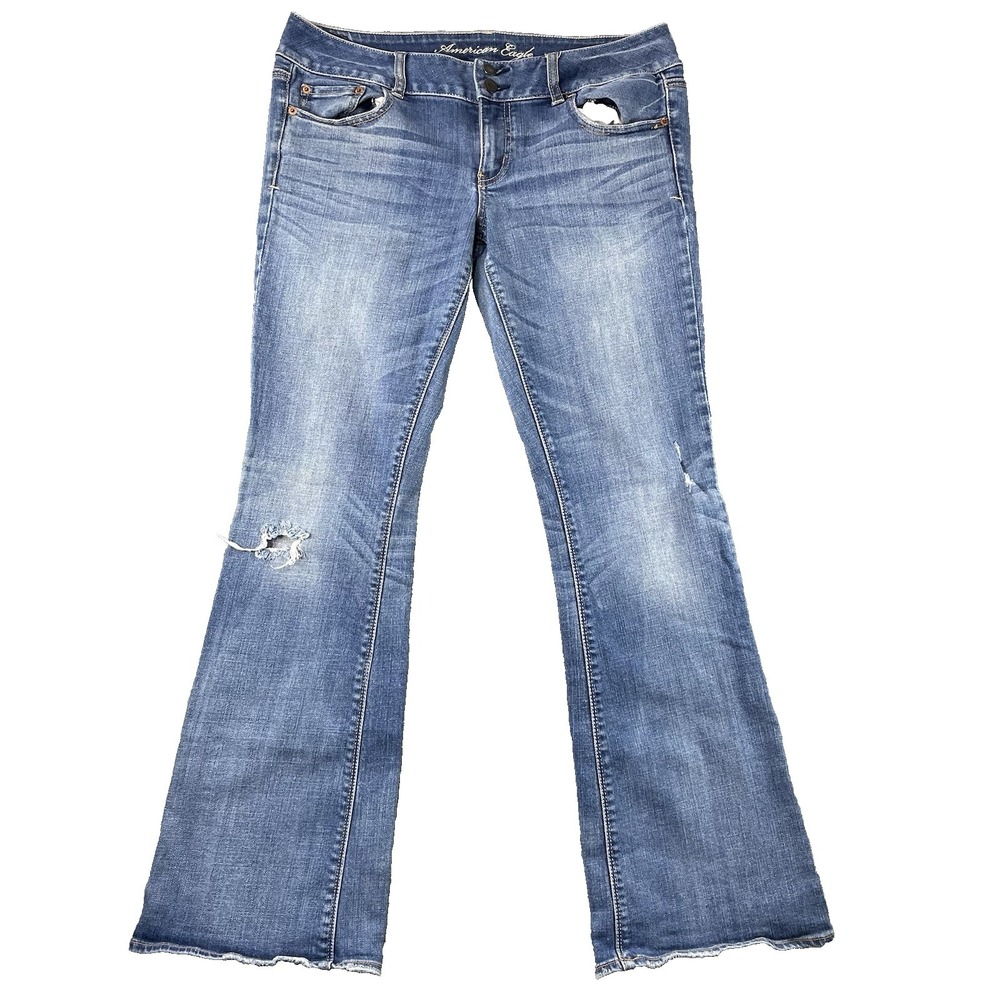 American Eagle Jeans Sz 12 Regular Blue Artist Flare Light Wash Stretch Distress